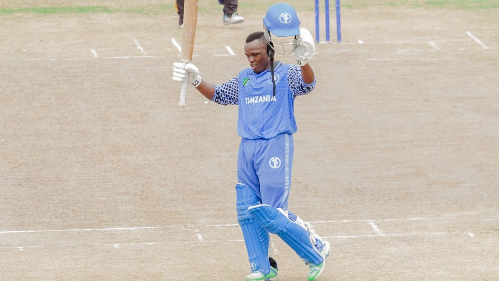 Tanzania's U-19 cricket squad's batsman, Karim Kiseto, celebrates after scoring a century as the side came up against Mozambique in the ICC U19 Men's World Cup Africa Division 2 Qualifier's tie in Dar es Salaam last Tuesday.