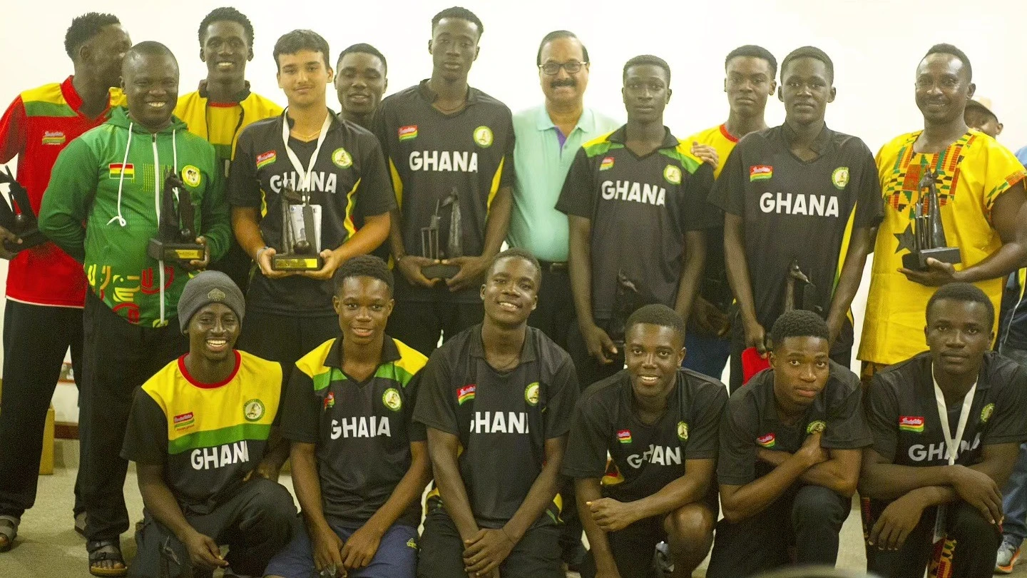 Tanzania Cricket Association (TCA) Chairman Balakrishna Sreekumar (Back row, C) in a group photo with Ghana's U-19 cricketers at a ceremony for squads that did not secure progression to the last-four stage of the ICC Men's U-19 World Cup Africa Division 2