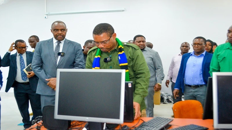 Finance minister Dr Mwigulu Nchemba pictured in Mwanza city yesterday inspecting computers lined up for use by students of the Mwanza campus of the Tanzania Institute of Accountancy. He is on a tour of Mwanza Region. 