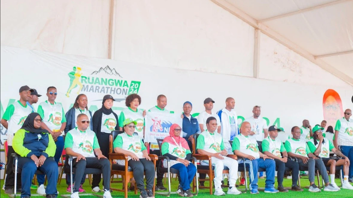 
Prime Minister Kassim Majaliwa (seated in the middle) posing for a group photo with various stakeholders, including senior government officials, renowned artists, and the sponsors of the Ruangwa Marathon 2024, which took place over the weekend.