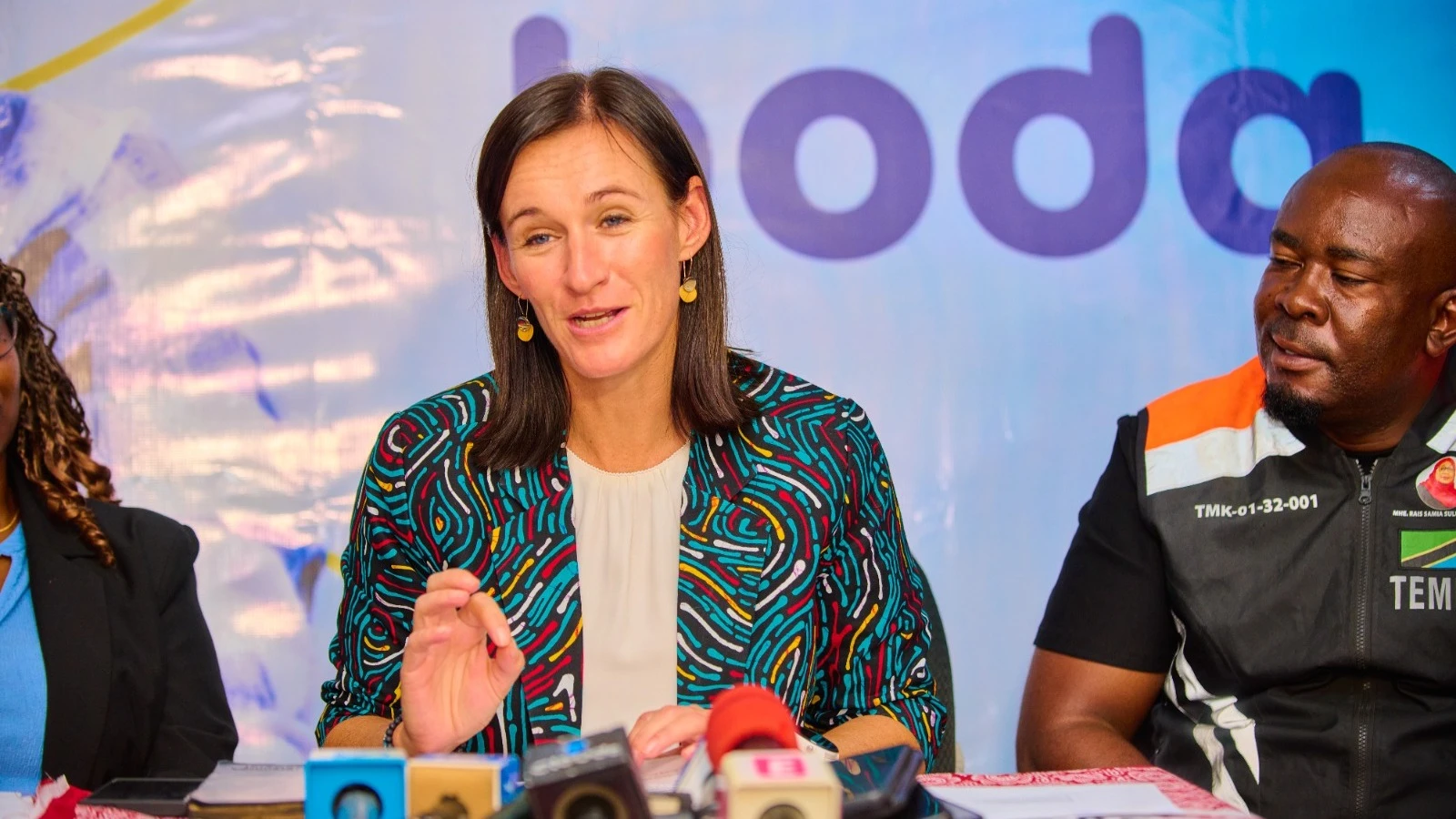 Michelle Kilpin, Managing Director of TBL, addresses the media during the launch of the Motorcyclists Education and Training Initiative in Dar es Salaam today. 