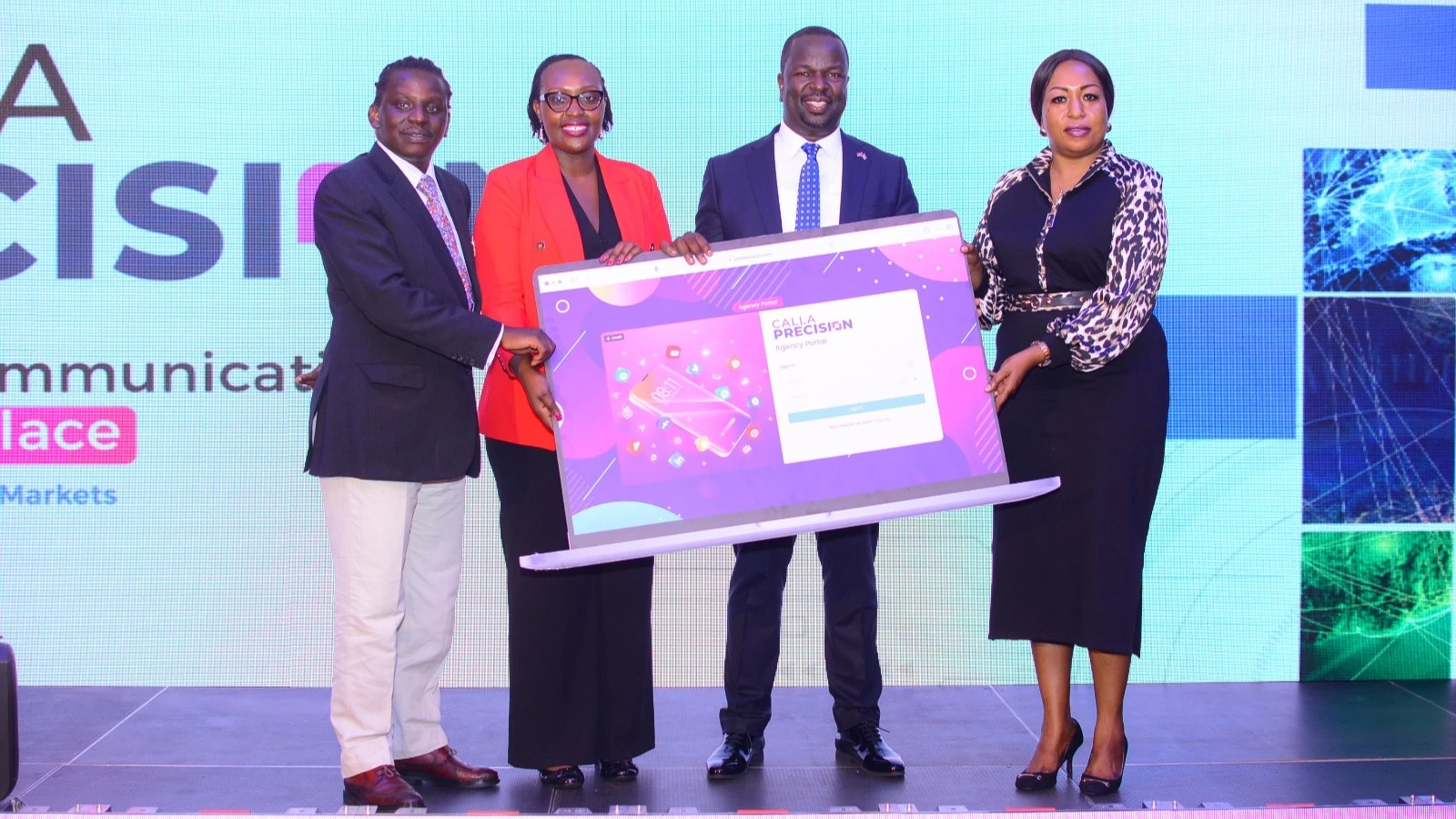 L-R: Skizaa CEO Ngugi Karega, 365 Digital CEO Wanjiru Ndirangu, Calla PR CEO Kevin Otiende and PRSK Vice President Patricia Ndede during the launch of Calla Precision. 