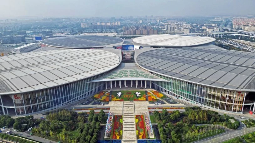 An aerial drone photo taken on Nov. 2, 2024 shows the National Exhibition and Convention Center (Shanghai), the main venue for the 7th China International Import Expo (CIIE), in east China's Shanghai. 