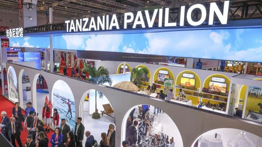 This photo taken on Nov. 5, 2024 shows the Tanzania Pavilion during the seventh China International Import Expo (CIIE) in east China's Shanghai. (Xinhua/Yin Gang)