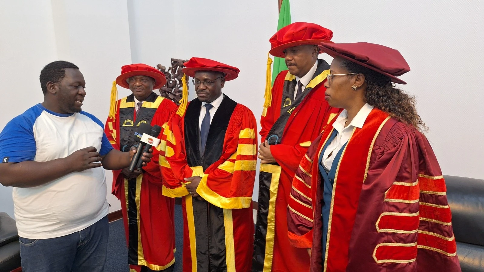 Deputy Minister of Industry and Trade, Exaud Kigahe (3rd R) answers questions from journalists during the 59th graduation of the College of Business Education (CBE) held at the weekend in Dar es Salaam. Right is the college’s Rector Prof Edda Lwoga.