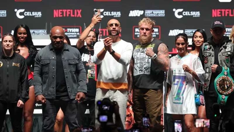 
Jake Paul (right) faces off with Mike Tyson (left) during a press conference at The Pavilion at Toyota Music Factory in Irving, Texas, USA on November 13, 2024. 