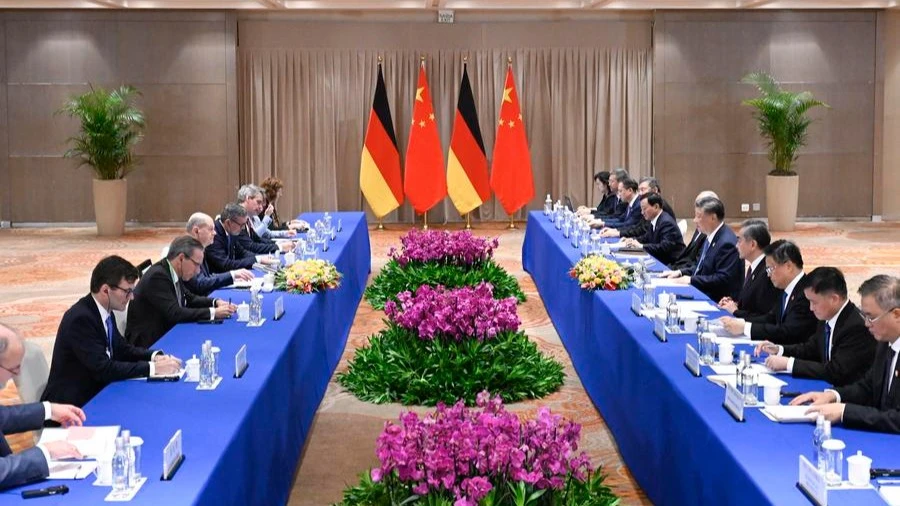 Chinese President Xi Jinping meets with German Chancellor Olaf Scholz on the sidelines of the G20 Leaders' Summit in Rio de Janeiro, Brazil, Nov. 19, 2024.