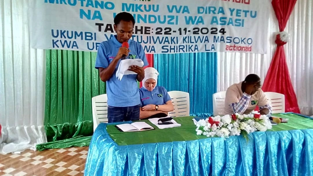 
Makame Juma, Dira Yetu Initiative Executive Secretary, presents a report on how they have managed to educate pupils on GBV and environmental conservation. 