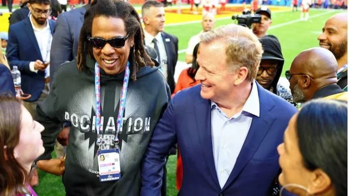 Recording artist Jay-Z with NFL commissioner Roger Goodell before Super Bowl LVII at State Farm Stadium in Glendale, Arizona, US, on Feb 12, 2023. 