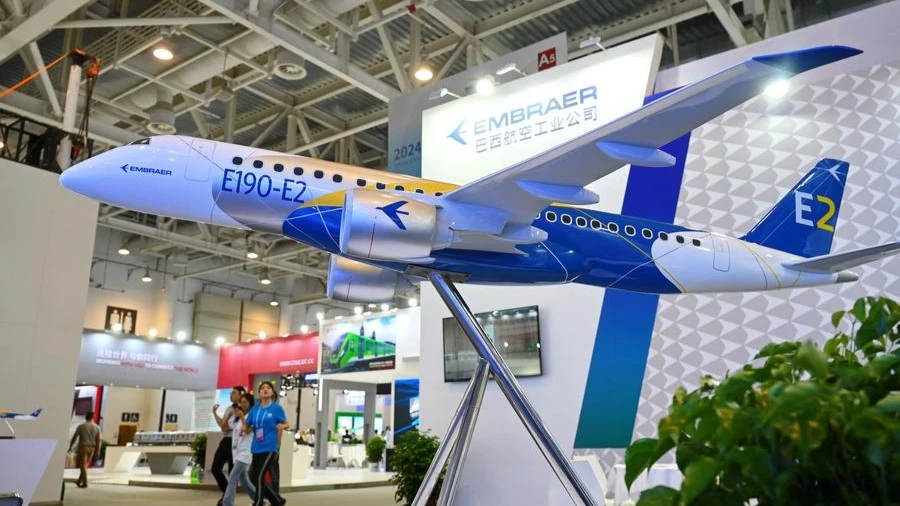 A model of E190-E2 aircraft is on display at the exhibition of BRICS New Industrial Revolution 2024 in Xiamen, southeast China's Fujian Province, Sept. 10, 2024. 