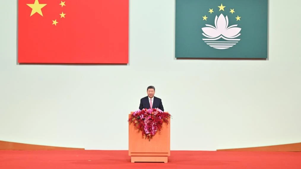 President Xi Jinping, also general secretary of the Communist Party of China Central Committee and chairman of the Central Military Commission, delivers a speech at a meeting celebrating the 25th anniversary of Macao's return to the motherland