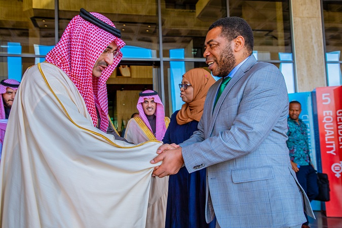 Finance minister Dr Mwigulu Nchemba (R) pictured in Riyadh, Saudi Arabia, yesterday bidding farewell to Saudi Fund for Development executive director Sultan Al-Marshad after talks on economic & social cooperation between Tanzania and the stateowned agency