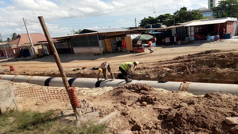  Work on storm water drainage infrastructure well in progress yesterday along the Kimara-Korogwe stretch of Dar es Salaam’s Morogoro Road, which is undergoing expansion. 