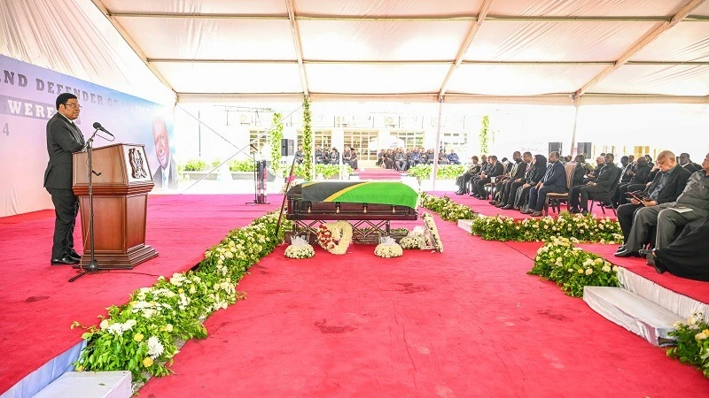 Prime Minister Kassim Majaliwa represents President Samia Suluhu Hassan in making remarks at the paying of respects to former Attorney General Judge Frederick Mwita Werema (Oct 10,  1955 – Dec 30, 2024) in Dar es Salaam yesterday. 