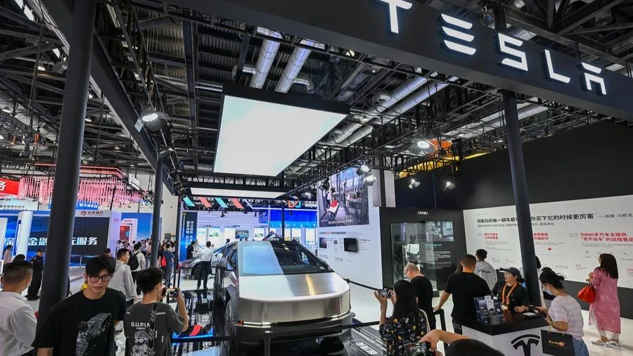 This photo taken on Sept. 15, 2024 shows the booth of Tesla during the 2024 China International Fair for Trade in Services (CIFTIS) at the China National Convention Center in Beijing, capital of China.