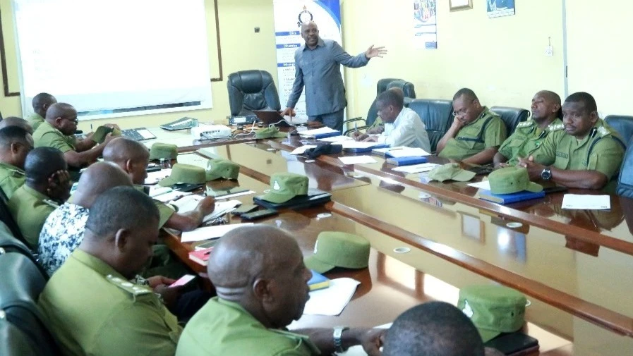 Deputy Director of Criminal Investigations (D/DCI), Zuberi Chembera, addresses regional police commanders and officers in Zanzibar yesterday regarding the security assessment for the period from January to December 2024. 