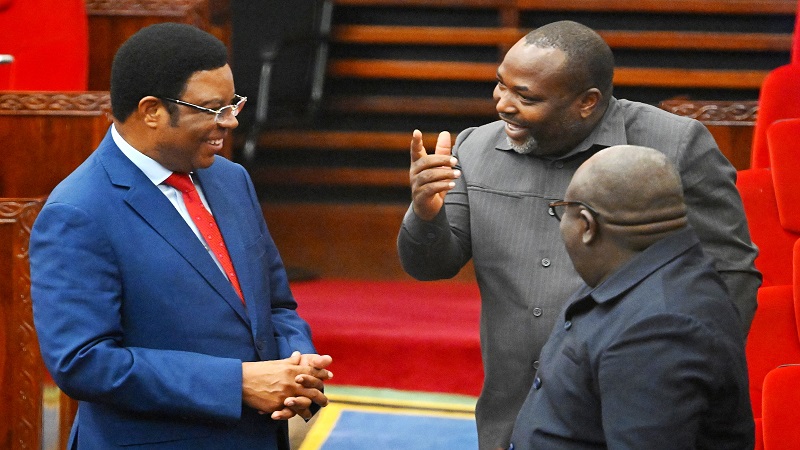 Prime Minister Kassim Majaliwa pictured on the sidelines of a National Assembly session in Dodoma city yesterday sharing a light moment with Ileje constituency legislator and Works deputy minister Godfrey Kasekenya (R) and Mtera MP Livingstone Lusinde