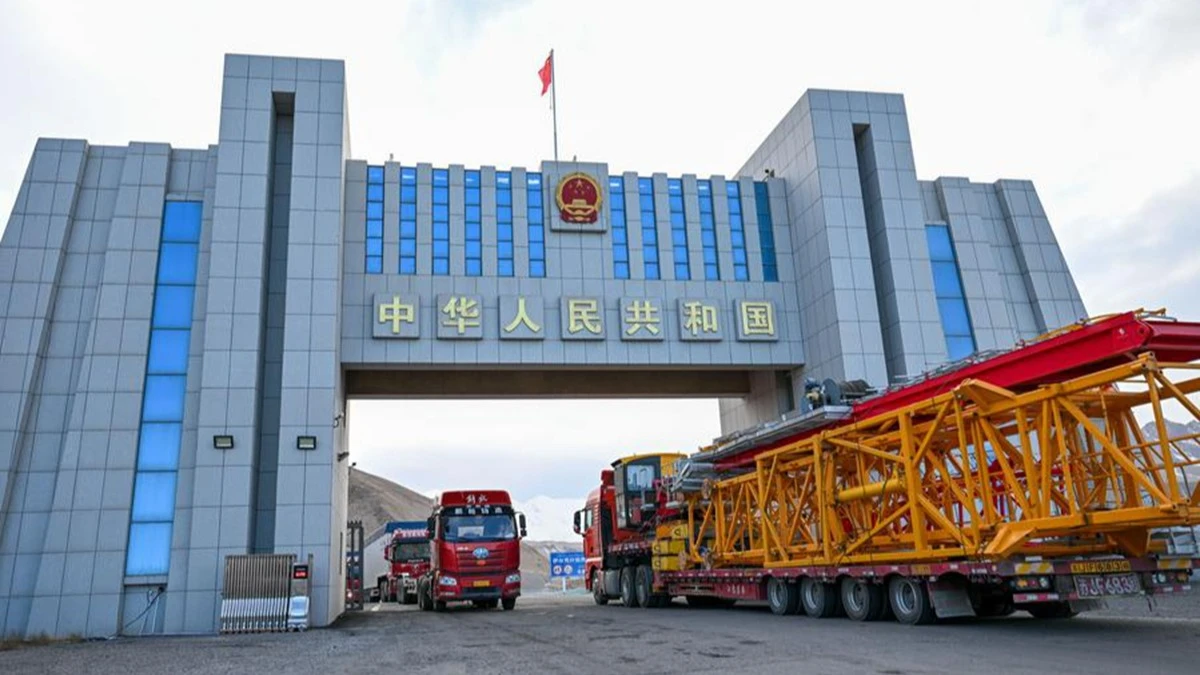 This photo taken on Oct. 25, 2024 shows trucks crossing the Irkeshtam port in northwest China's Xinjiang Uygur Autonomous Region.