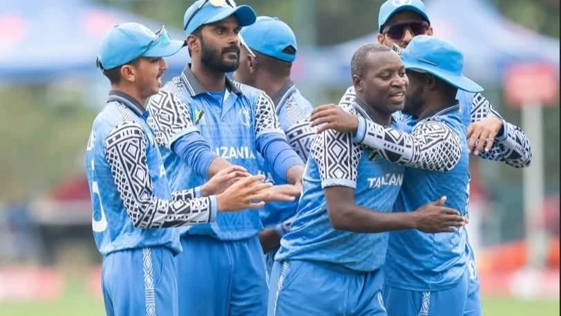 Tanzania's senior men's cricketers celebrate after dismissing a Uganda batsman when the teams met in the 2025 ICC Men's Cricket World Cup Challenge League B match in Hong Kong last Saturday.