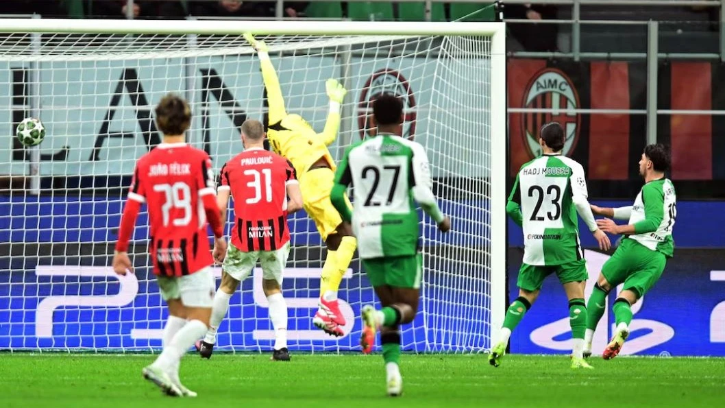 Feyenoord's Julian Carranza scores their first goal against AC Milan during their Champions League - Knockout Phase Playoff - Second Leg match at San Siro, in Milan, Italy on Tuesday. 