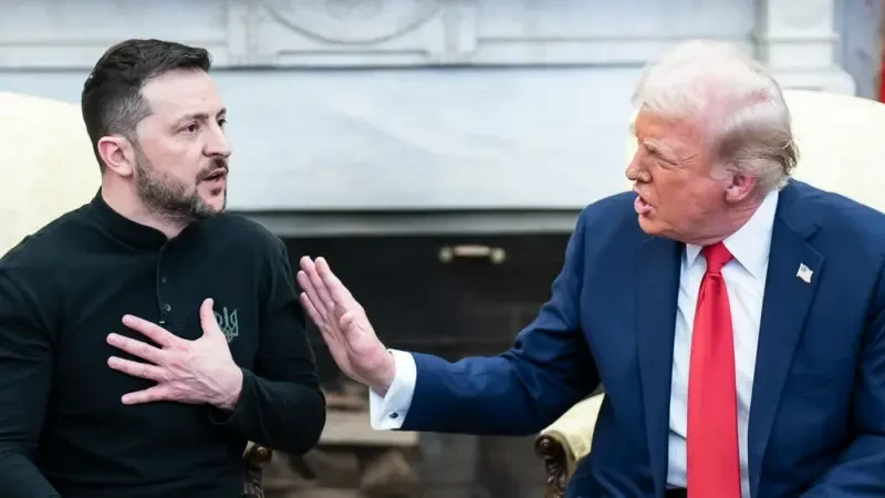 President Donald Trump, right, and Ukraine's President Volodymyr Zelensky meet in the Oval Office of the White House in Washington, DC, February 28