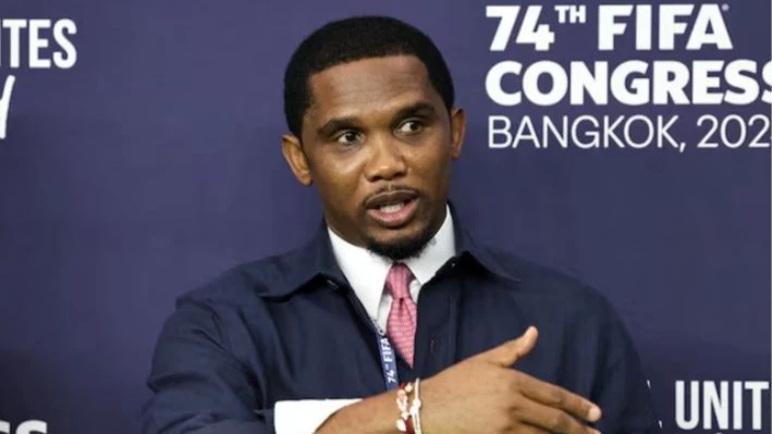  President of the Cameroonian Football Federation and former professional footballer Samuel Eto'o speaks on the day of the 74th FIFA Congress at the Queen Sirikit National Convention Center, in Bangkok, Thailand, May 17, 2024