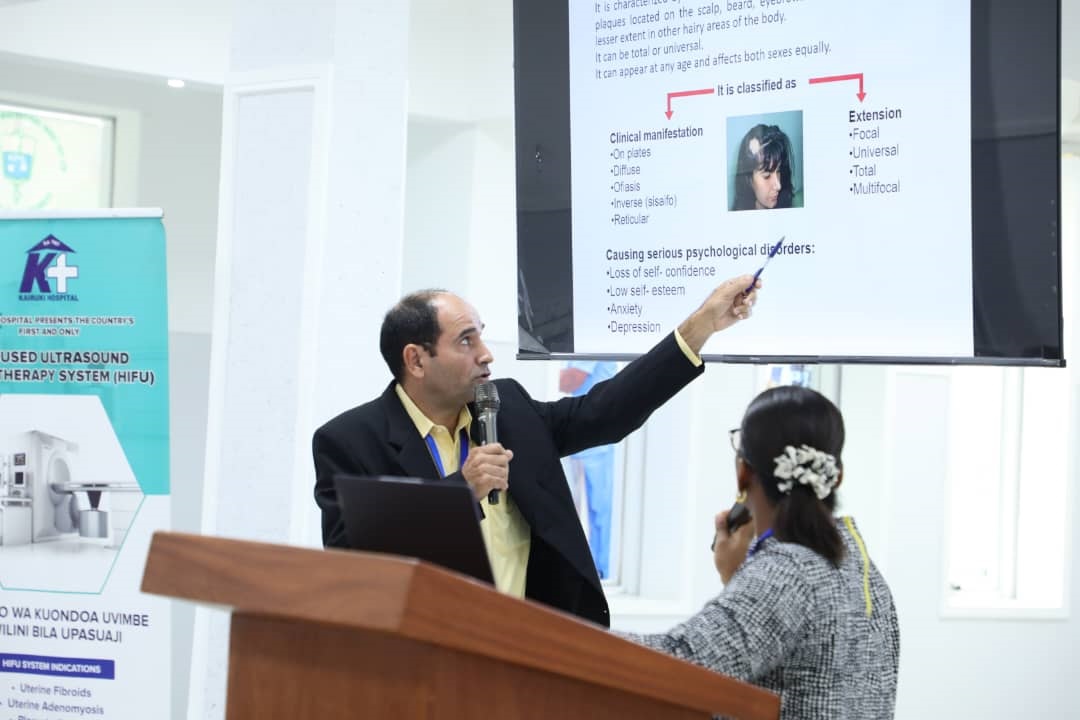 Cuban dermatologist Prof Ernesto Miyares Diaz pictured at Dar es Salaam’s Kairuki Hospital at the weekend conducting training for Tanzanian medical experts on the treatment of skin diseases. 