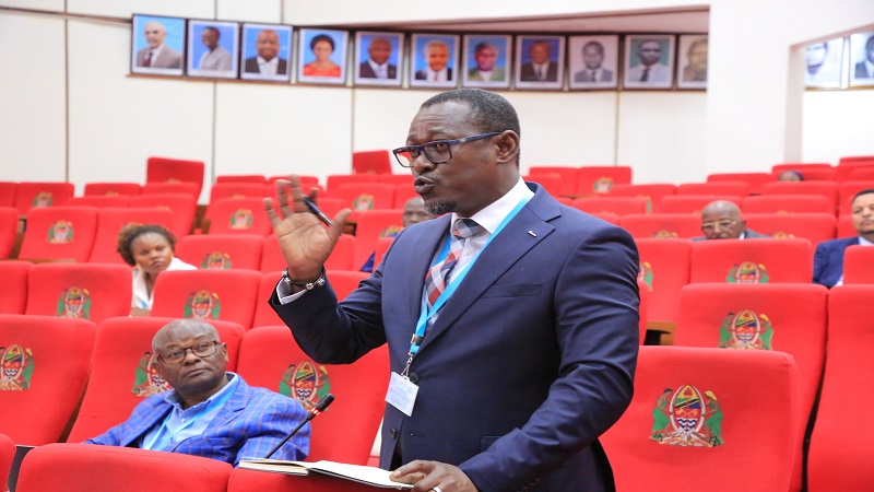 Tanzania Freight Forwarders Association president  Edward Urio, gives his views before the Parliamentary Standing Committee on Budget at the Msekwa Hall in Parliament, Dodoma, yesterday. 